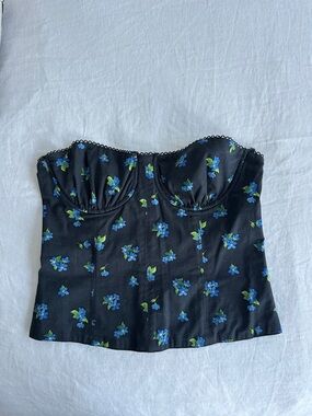 WeWoreWhat Black Floral Bustier Top with Blue & Green Flowers